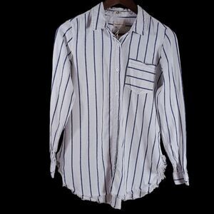 Thread & Supply White Blue Women's Striped Flowy Relaxed Fit Button Raw Hem XS